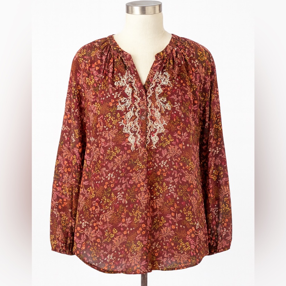 Elegant Floral Embroidered Blouse - Burgundy large
